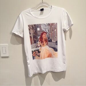 Princess Bell Eating Macdonald Cheeseburger Graphic White T-Shirt Womens Small